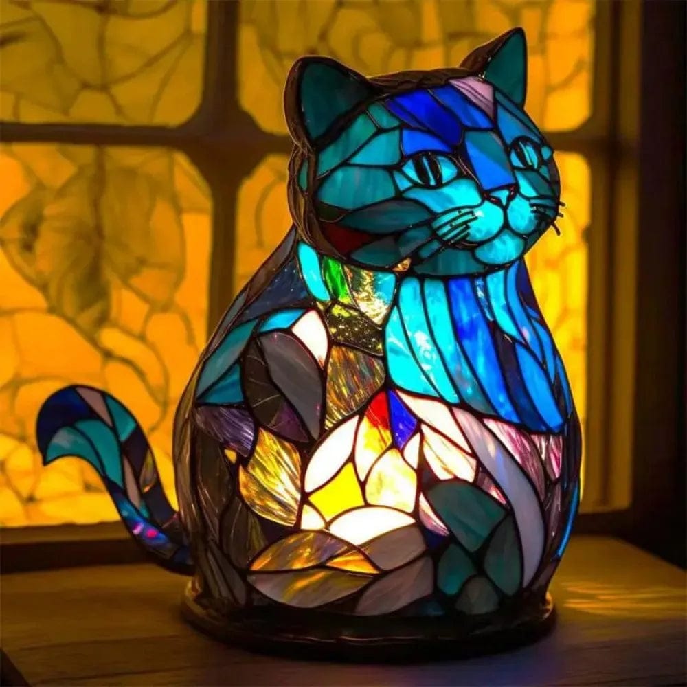 Chat Lampe de Chevet Vitrail Animaux